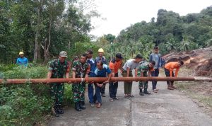 Sinergitas Anggota Koramil 04/Letung Bersama Warga Tangani Tiang Listrik Tumbang