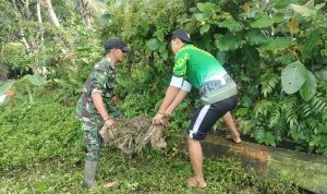 Kerap Dilanda Banjir Saat Hujan, Babinsa Bersama Warga Goro Bersihkan Drainase Lapangan Bola Kali