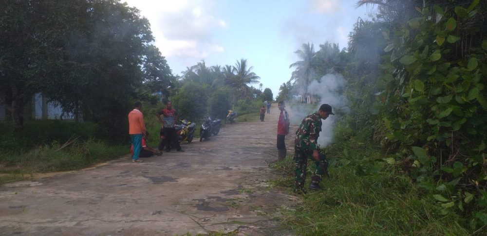 Babinsa Koramil 03/Sedanau Goro Bersama Staf Kecamatan Bunguran Utara Bersihkan Jalan Poros